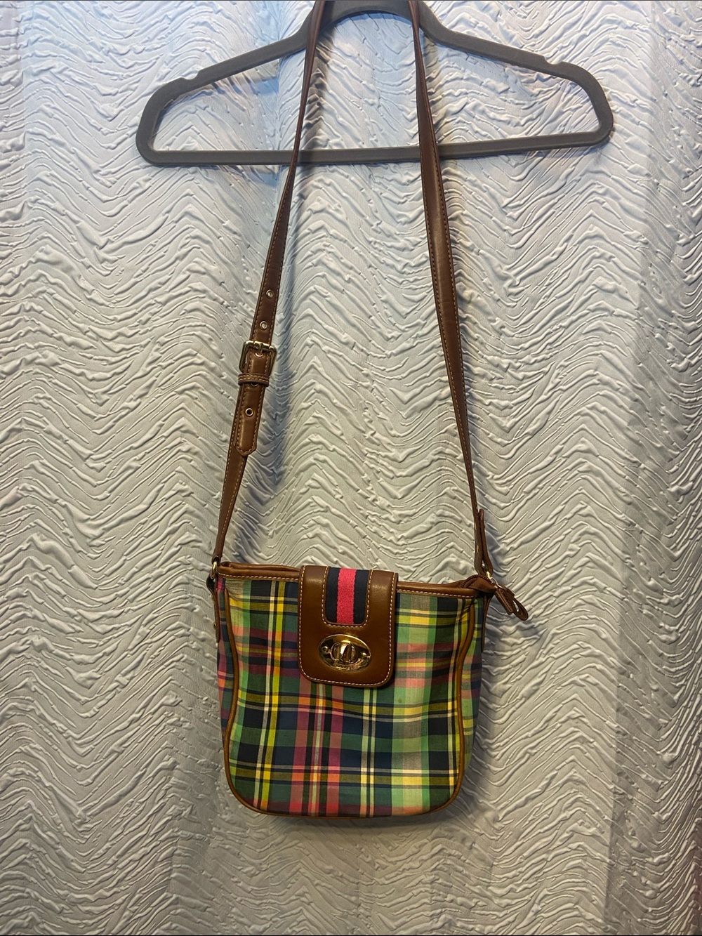 Chaps Multicolor Plaid Crossbody with Brown Trim